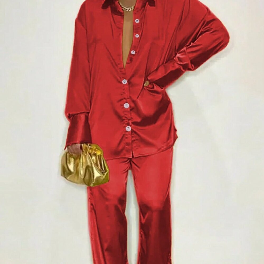 Red Casual Women's Long-Sleeved Satin Lapel Shoulder-Sleeved Shirt And Pants Set - Picture 1 of 3